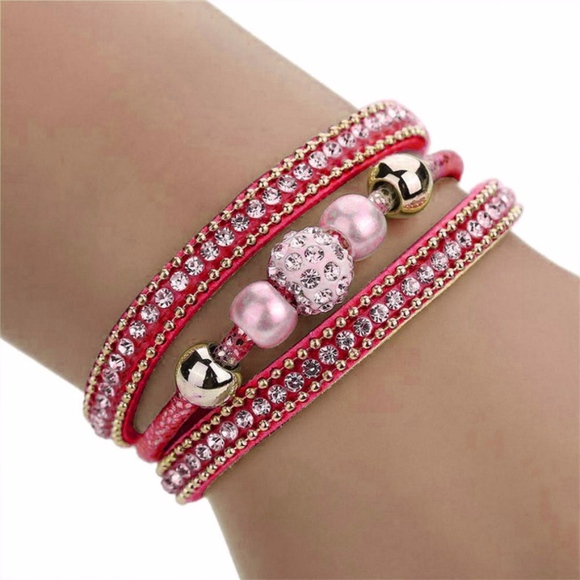 Pink Leather Crystal Studded Beaded Wrap Bracelet - Picture 1 of 3